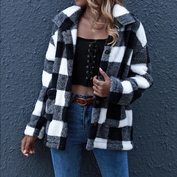 Gingham plaid button down teddy coat